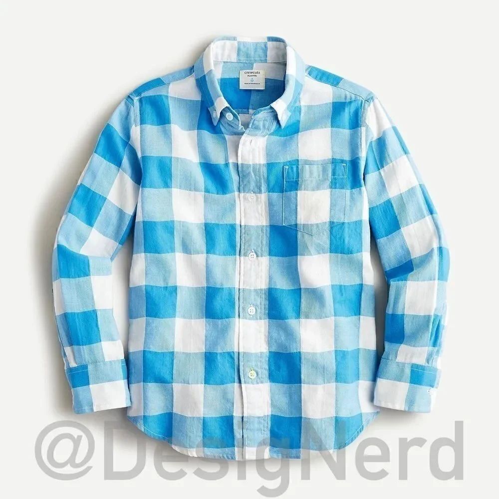 J.CREW BOY’S CRINKLE COTTON BUTTON DOWN SHIRT BIG BLUE GINGHAM LONG SLEEVED